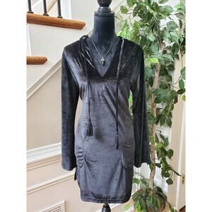 Ingear Resort Black Velvet Polyester V-Neck Long Sleeve Knee Length Dress S/M